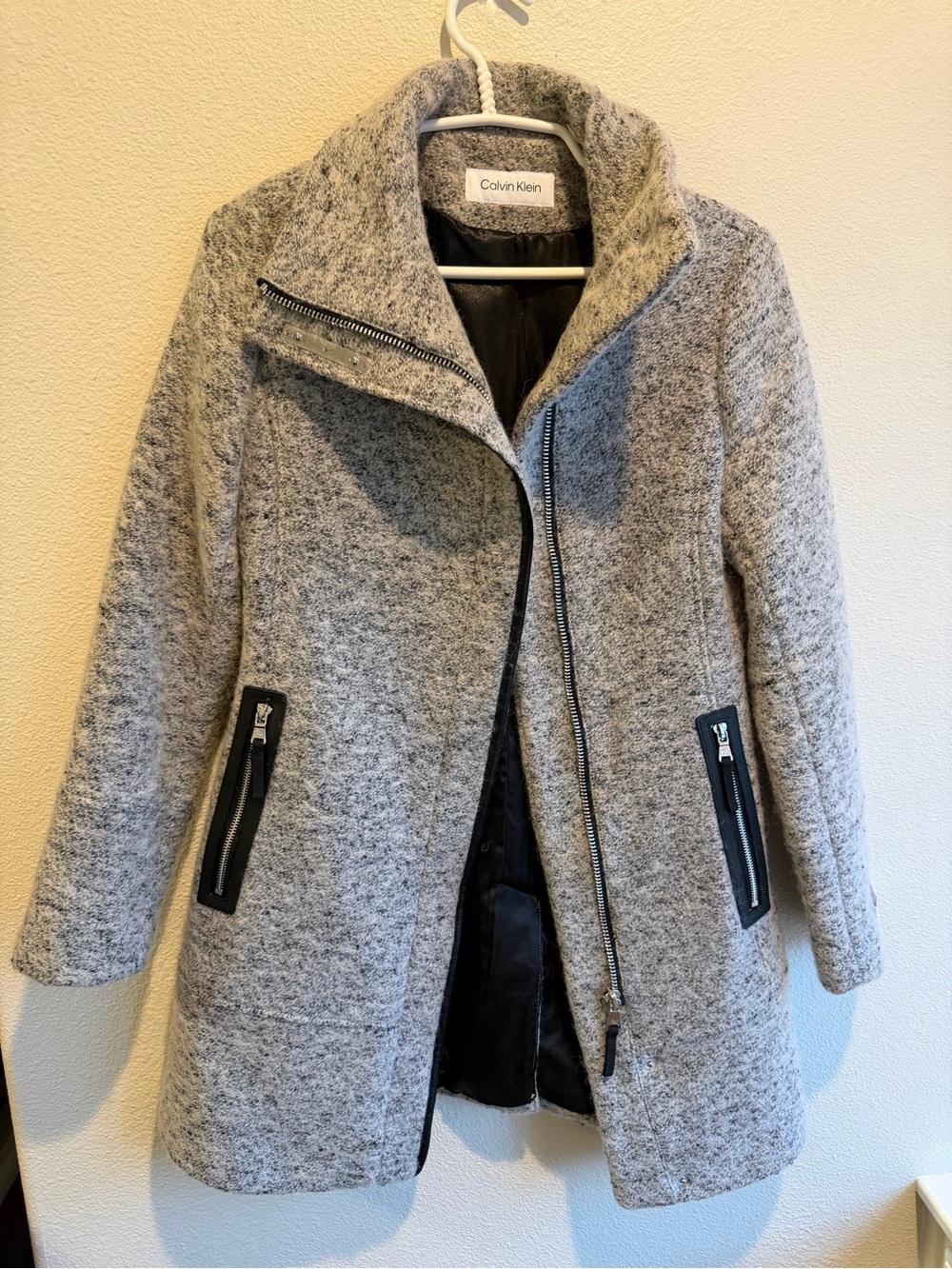 Calvin Klein Heather Gray Asymmetrical Zip Wool-Blend Coat
